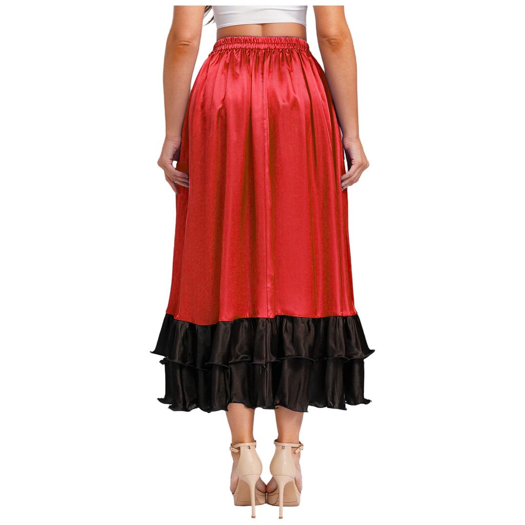 Ladies Spanish Dance Skirt Flamenco Style Ruffled Trim Irregular Hem Satin Elastic Waist Big Swing Skirt