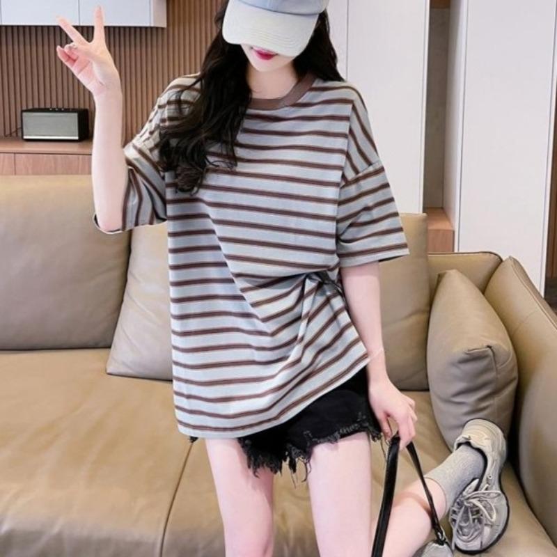 Women s Striped T-shirt Ladies  Round Neck Contrasting Short Sleeved Blouse Summer New Korean Style Versatile Loose Top M