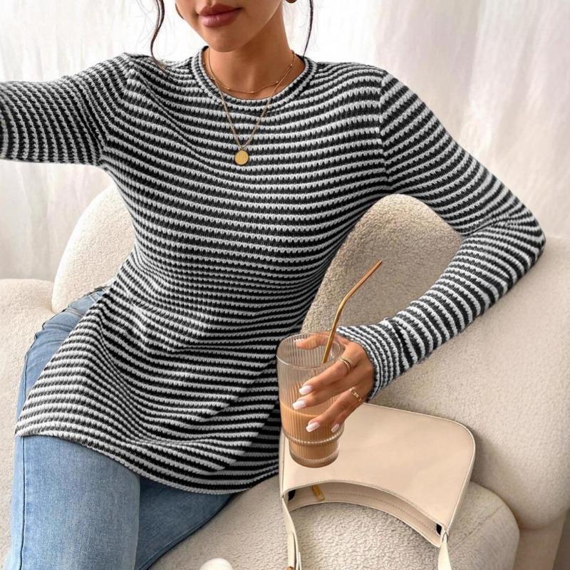 Womens Striped Long Sleeve Crew Neck Slim Fit Knit T Shirt S чёрный