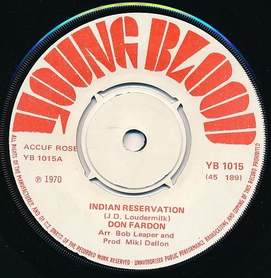 

7-дюймовая пластинка DON FARDON Indian Reservation YB1015 Young Blood 1970 UK Pop Б/у