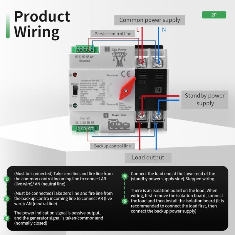 Double Power Automatic Transfer Switches 2P 100A Changeover Switches Din Rail Mounted Controller Easy to Install