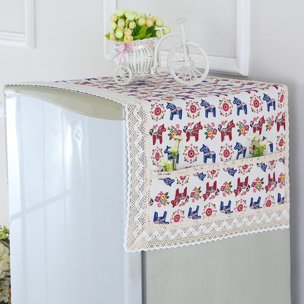 Cotton Linen Refrigerator Dust Cover with Pocket Printed French Door Refrigerator Cloth Lace Trim Fridge Protection Cover