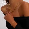 Gold Geometric Necklace & Oval Ring Bracelet Jewelry Set In Stainless Steel