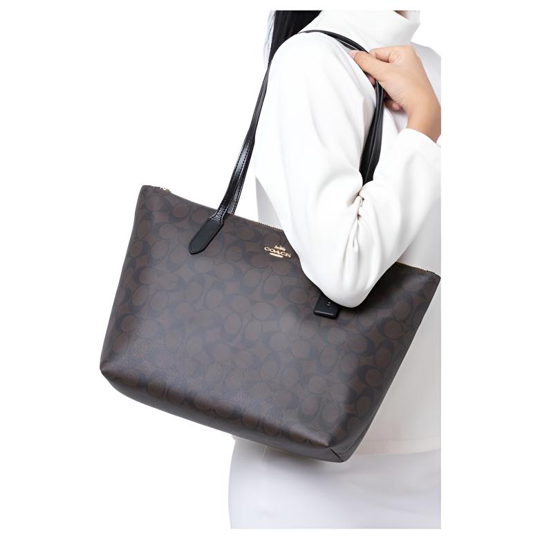 Coach Borsa Tote con Chiusura a Zip, Borsa Shopping in PVC, Borsa a Spalla Grande da Donna, Marrone Scuro 4455-IMAA8