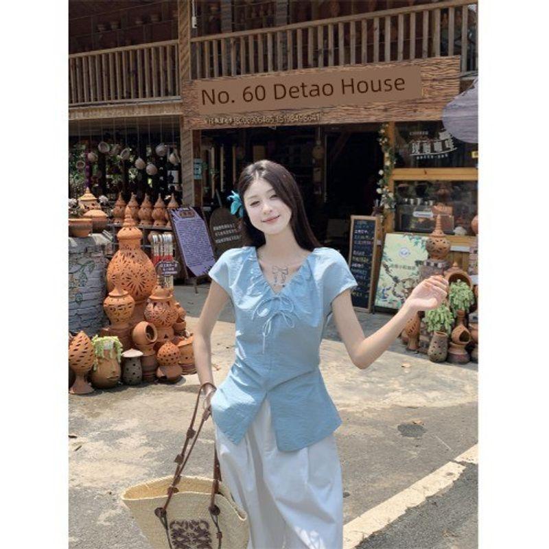 

Kumikumi Sweet Style Set Blue Pleat Short sleeve Shirts Women Summer High Waist Slimming Wide Leg Pants Two-piece Set Blue Tops L