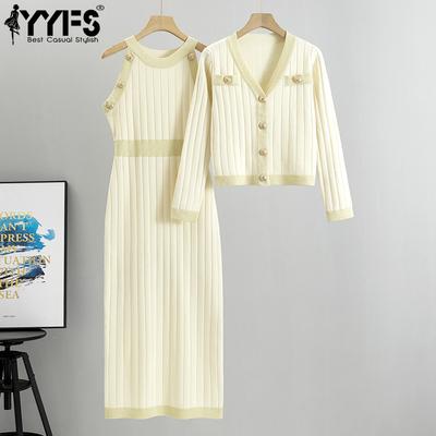 Moda feminina casual cor sólida impressão outono inverno manga longa com decote em v saia ternos