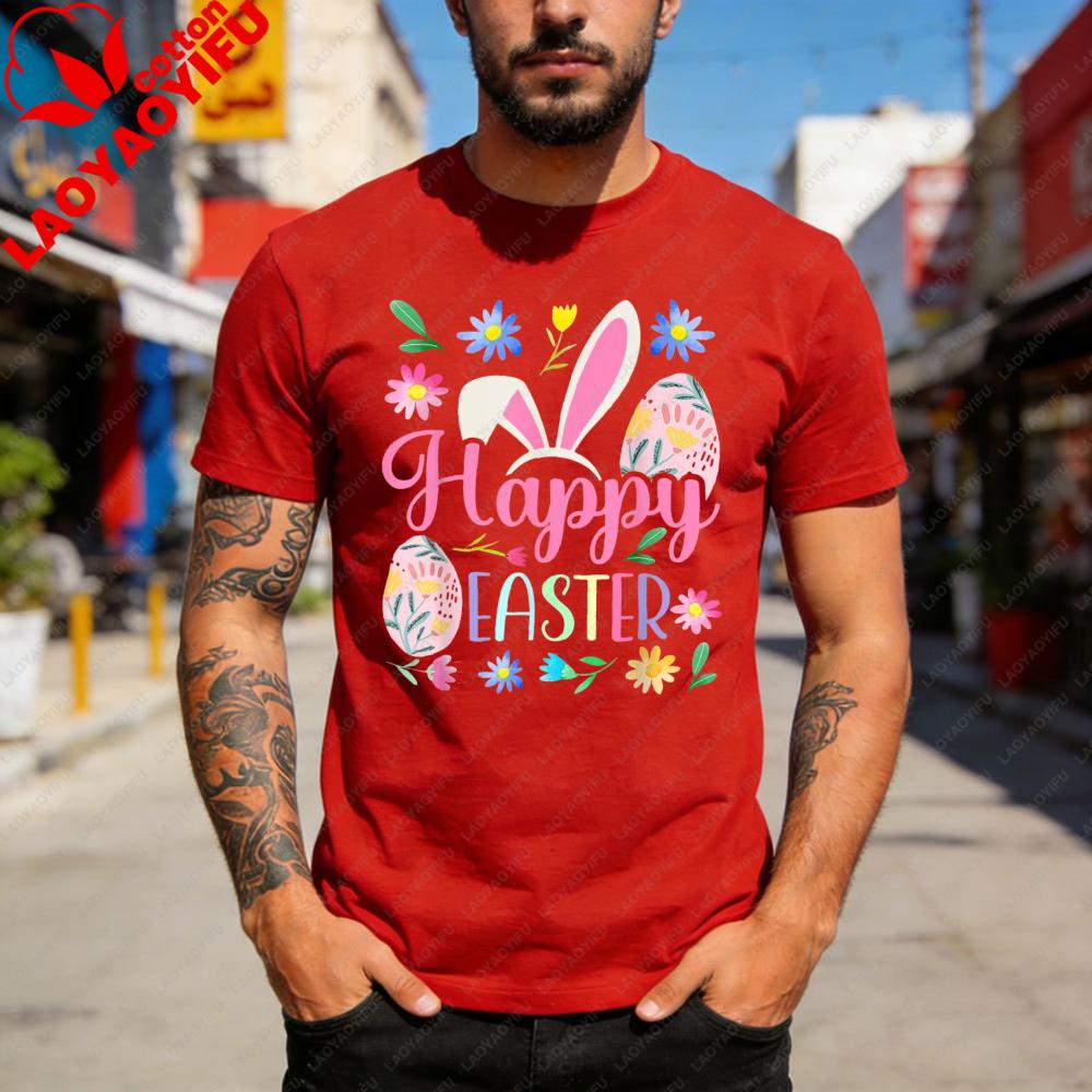 Happy Easter Bunny Eggs Flowers Spring Festival Men T Shirt Cotton Short Sleeve Summer Top Gift for Men Casual Fashion Tees