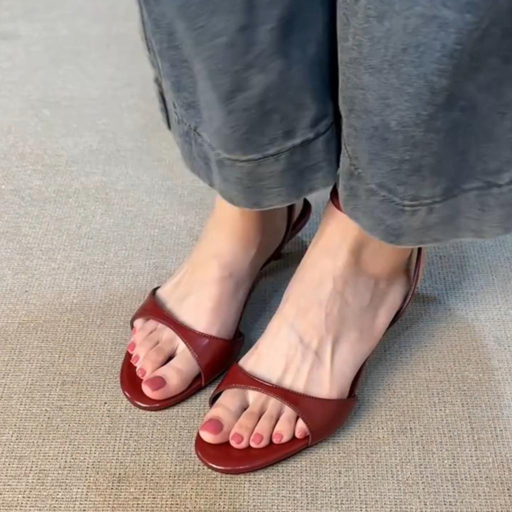 Sheepskin version~ niche fashion leather open-toe with sandals women's simple temperament round head high heels summer