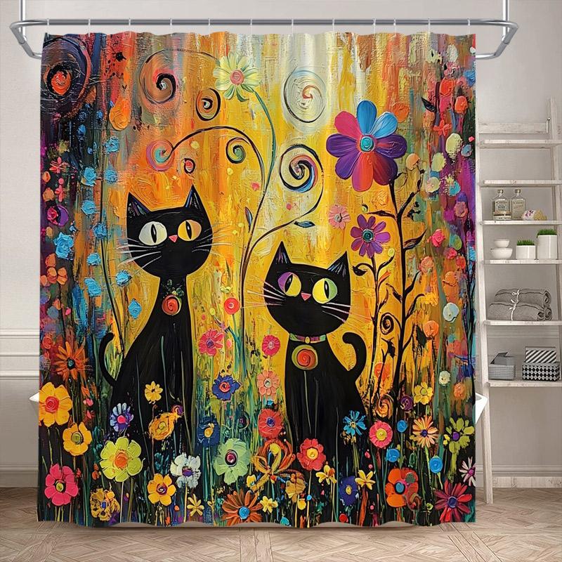 Funny Black Cat Shower Curtains Cute Animal Pet Floral Vintage Painting Art Modern Fabric Home Bathroom Decor Bath Curtain Set