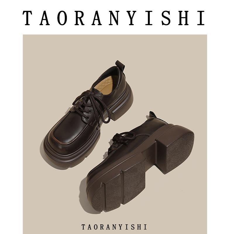 New fashion small leather shoes women's spring versatile women's shoes front lace-up thick heel single shoes children