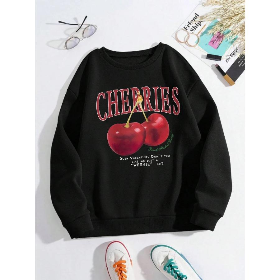 Fashion Womens Sweatshirt Fresh Red Cherries Printing Pullover Crewneck Fleece Soft Breathable Hoodie Autumn Female Streetwear