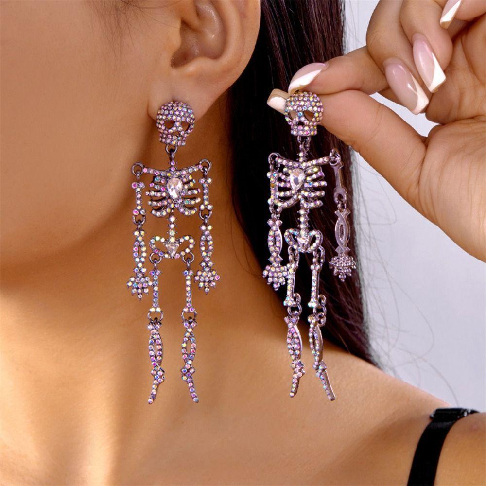 Exaggerate Rhinestone Skull Earrings Shiny Halloween Party Jewelry Skeleton Pendant Earrings  Lady