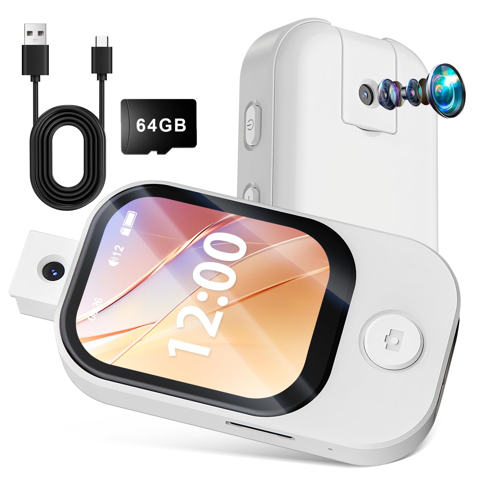 

MP3 Player Rotating Camera Bluetooth Music Player Digital Audio Player Inch Touch Screen Speaker 64GB Memory Card Included Type C Rechargeable Easy to білий