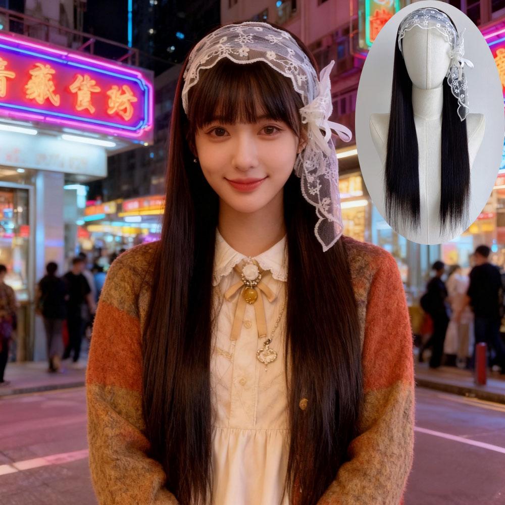 Douyin Lace Bow Headband Long Straight Wig for Girls - Black Full Cover Hairstyle