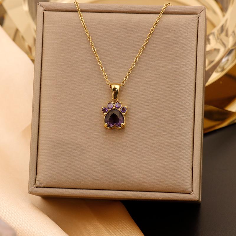 18K Gold-Plated Titanium Cat Paw Pendant Necklace with Colorful Zircon Hearts for Women