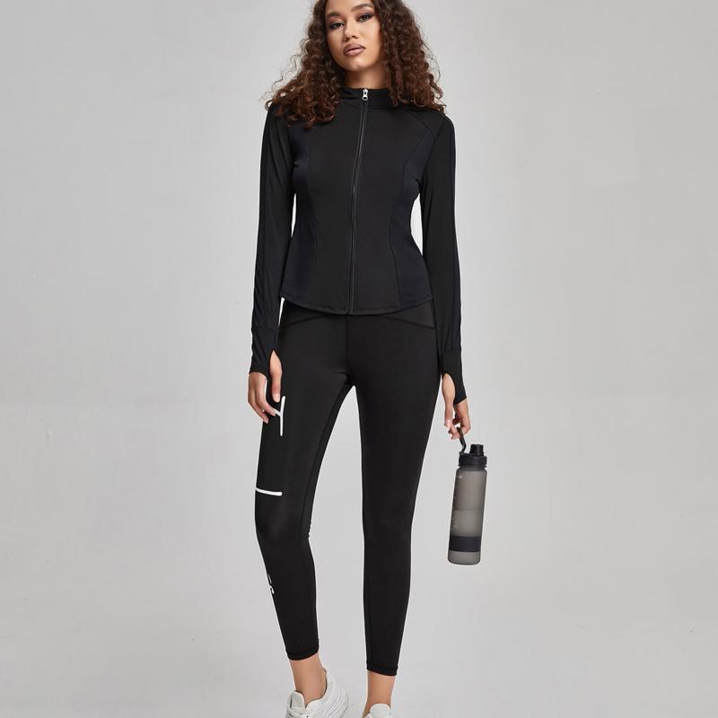 Dámské sportovní tričko s dlouhým rukávem na jógu a zipem, běžecké fitness tričko