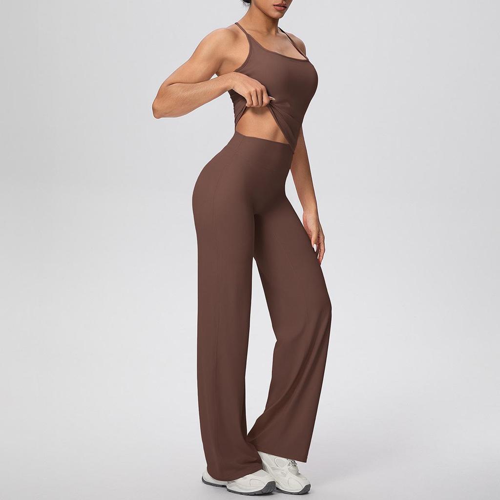 Solid Color Racerback Tank & High Waist Wide-Leg Yoga Pants Fitness Set
