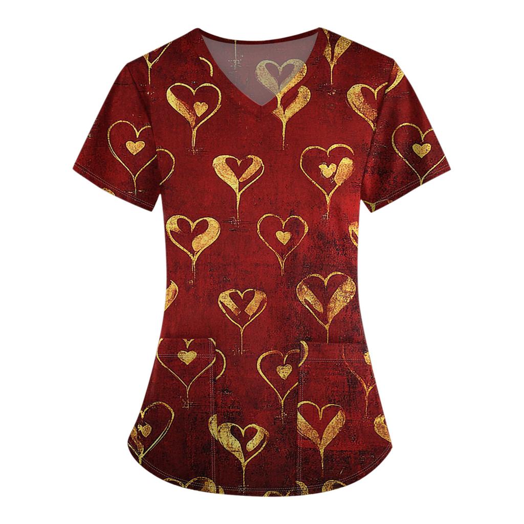 Damenmode V-Ausschnitt Kurzarm Overalls mit Tasche Valentinstag Bedruckte Oberteile Kleidung