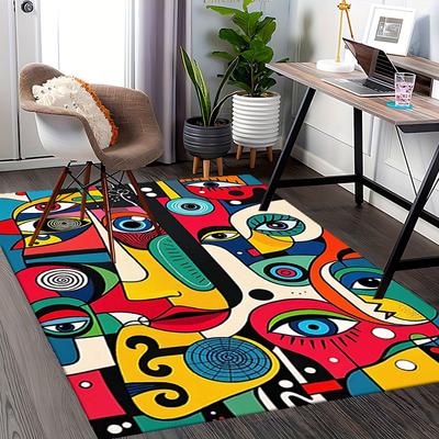 1pc Anime Cartoon Design Chair Mat Colorful Abstract Faces Office Rug, Non Slip Carpet for Desk, Home Decor, Living Room, Bedroom, Game Room