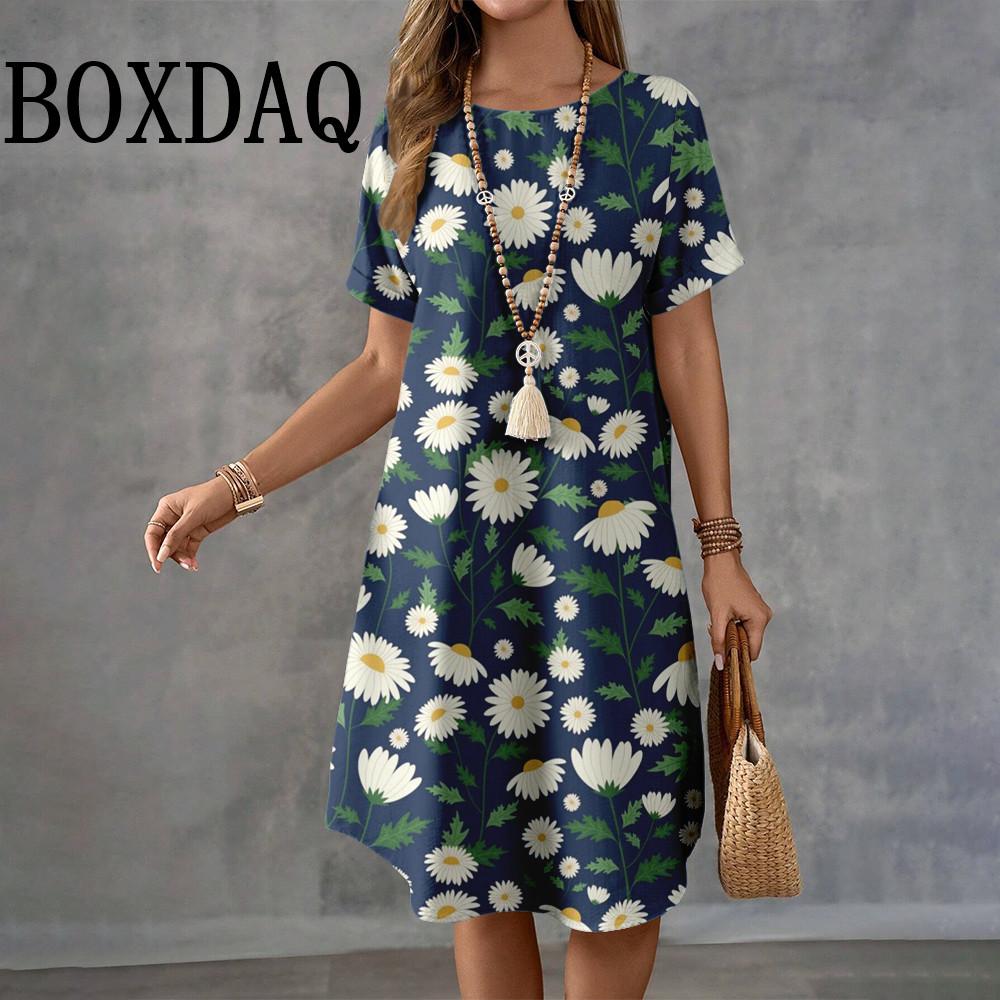 Summer Fashion Flowers Printed Women Retro O-Neck Loose Elegant Short Sleeve Dresses Casual Holiday