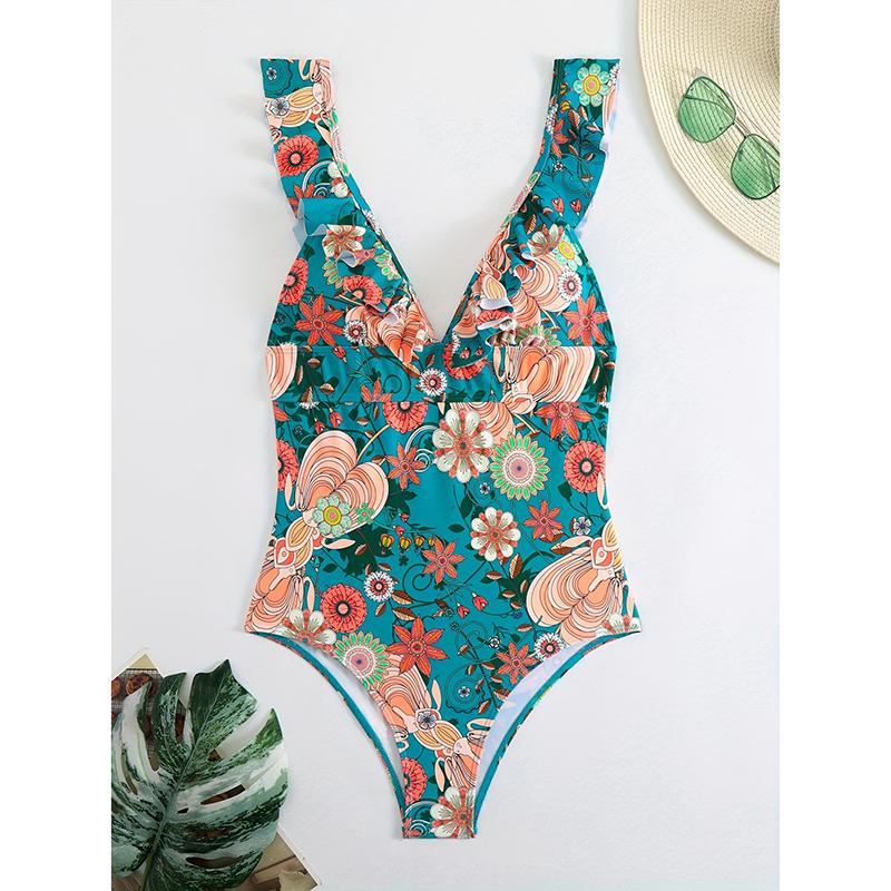 

New Print Ruffle One Piece Swimsuit Sexy Deep-V Swimwear Female Women Printed Bathing Suit Shoulder Swimwear XL синій
