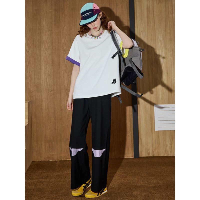 Coolhut Color-Blocked Loose Design Embroidered Top 2025 Women's T-Shirt Short-Sleeved Loose Round Neck Drop Shoulder