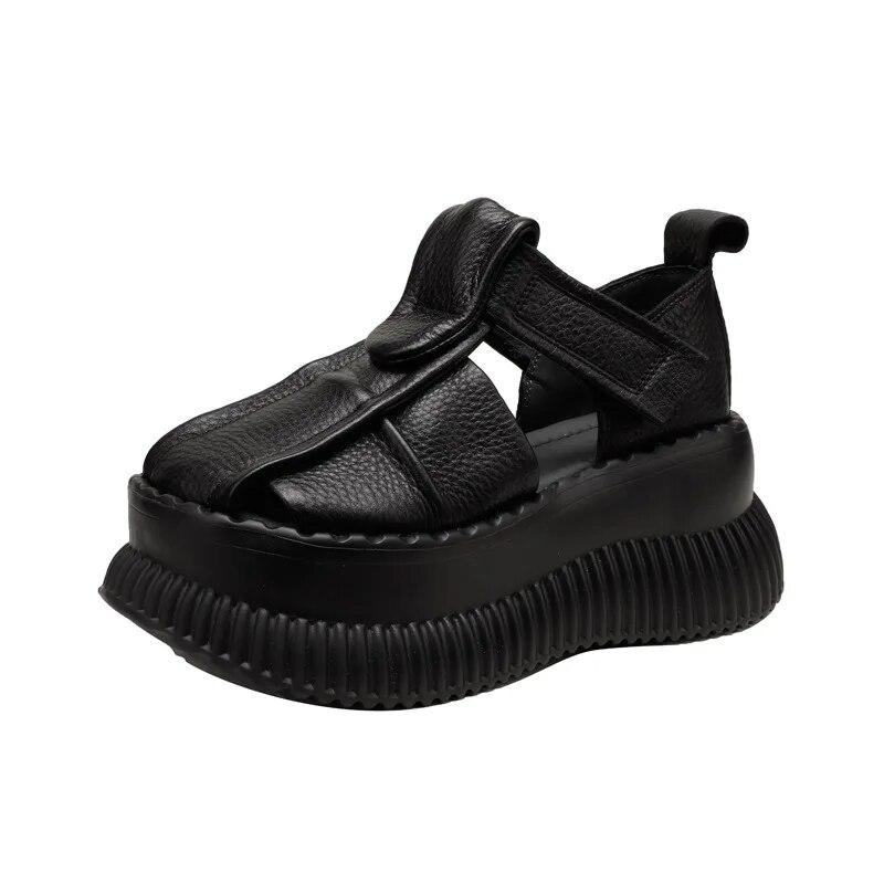 

Сандалии Johnature в стиле ретро, ​​удобная женская обувь на платформе из натуральной кожи с круглым носком, высотой 8 см 40 чёрный