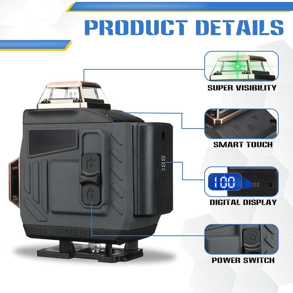 8/12/16 Linien-4D-Laser-Wasserwaage, verstellbar, grünes Licht, selbstnivellierend, 360° drehbar, horizontal, vertikal, kreuzweise, automatische Messung