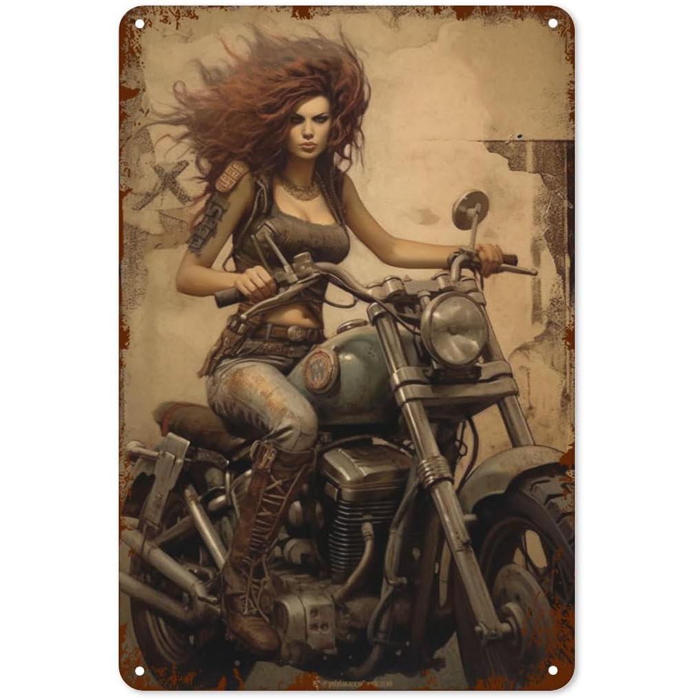 Metal Tin Signs Pinup Motorcycle Girl Wall Decoration Plaque Vintage Poster Iron Painting for Man Cave Home Cafe Garden Club Bar