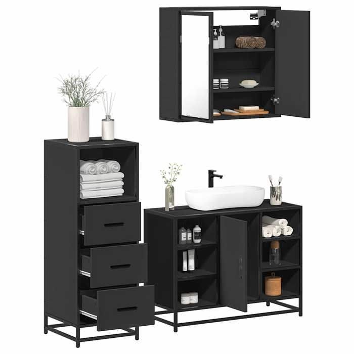 VidaXL Bathroom Furniture Set 3 Pcs Black Engineered Wood, Bathroom Cabinet, Storage Cabinet of 3301030