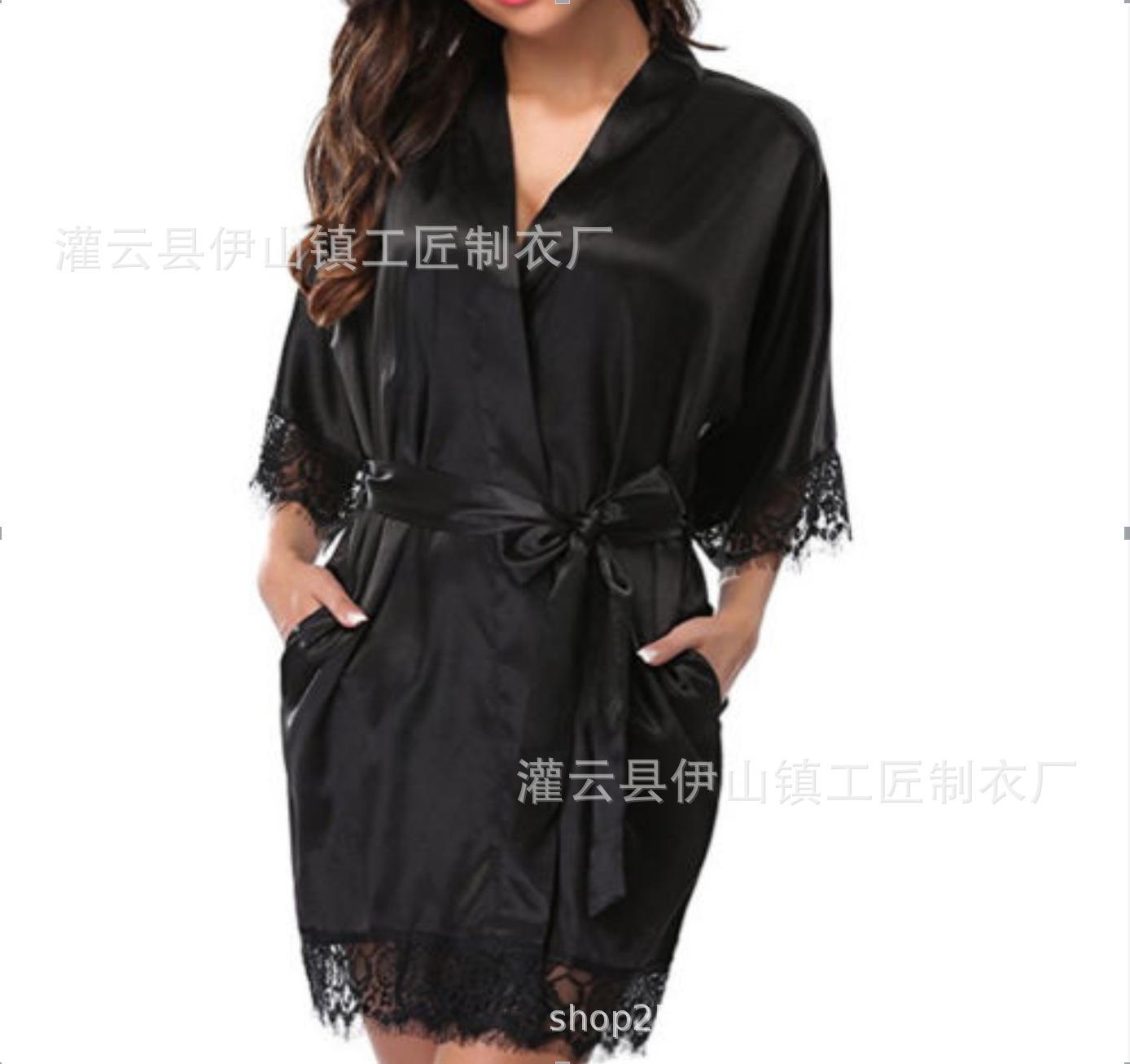 

Pajamas female sexy nightgown nightgown lace imitation silk spring and summer loungewear S чёрный