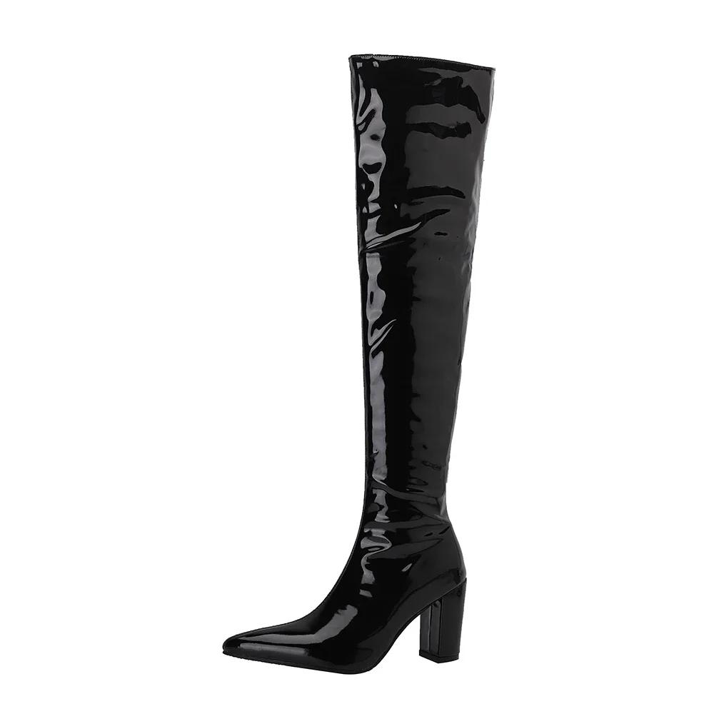 Black Sexy Over The Knee Boots Women Chunky High Heels Ladies Thigh High Boots Patent Leather Long Boots Female Shoes Size 44