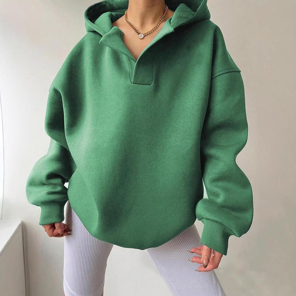 2024 Women's Solid Color Loose Hooded Sweatshirt - Autumn/Winter Long Sleeve Sportswear for Europe & America