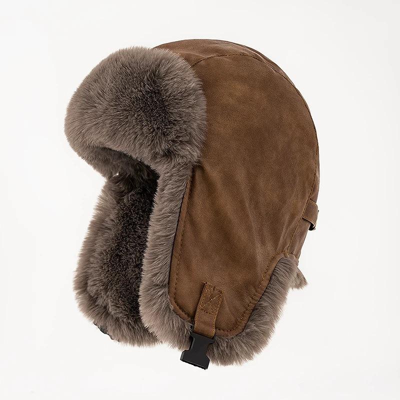 SupSindy Herren Winter Bombermütze Outdoor Motorrad Winddicht Verdicken Warm Kunstpelz Pilotenmütze Ohrenklappen Leder Thermo Uschanka