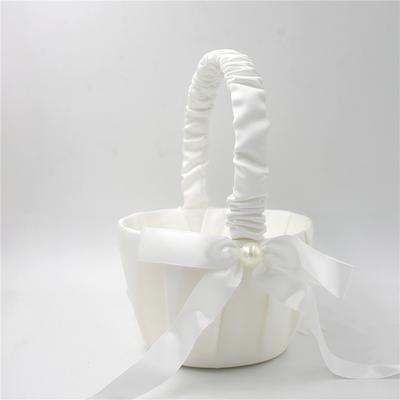 White Flower Girls Basket White Satin Pearl Knot Flower Ladies Flower Baskets 2025 Wedding Accessories Supplies