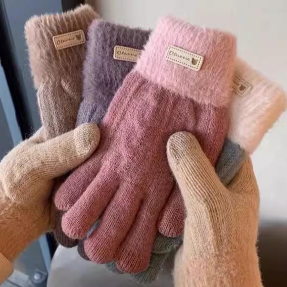 New Winter Knitted Plush Double-layer Gloves for Women Men Solid Color Touchscreen Driving Gloves Outdoor Warm Cycling Mittens