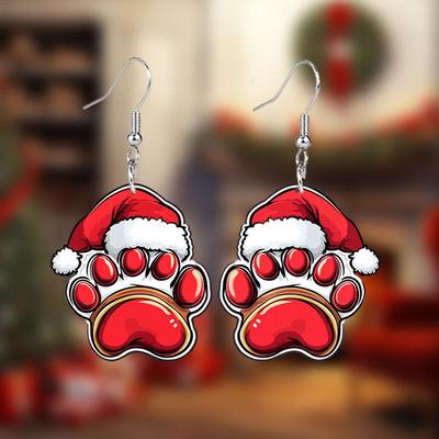 Charming Christmas Dog Paw Acrylic Earrings with Red Hat - Perfect Holiday Gift for Her