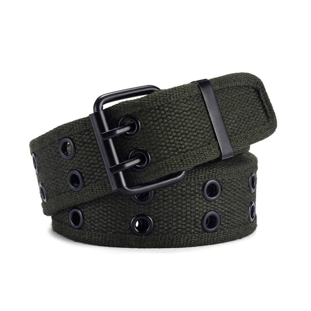Double Row Canvas Waist Belt Metal Buckle Woven Belts Fashion Double Row Buckle Belt Leisure Wear зелёный