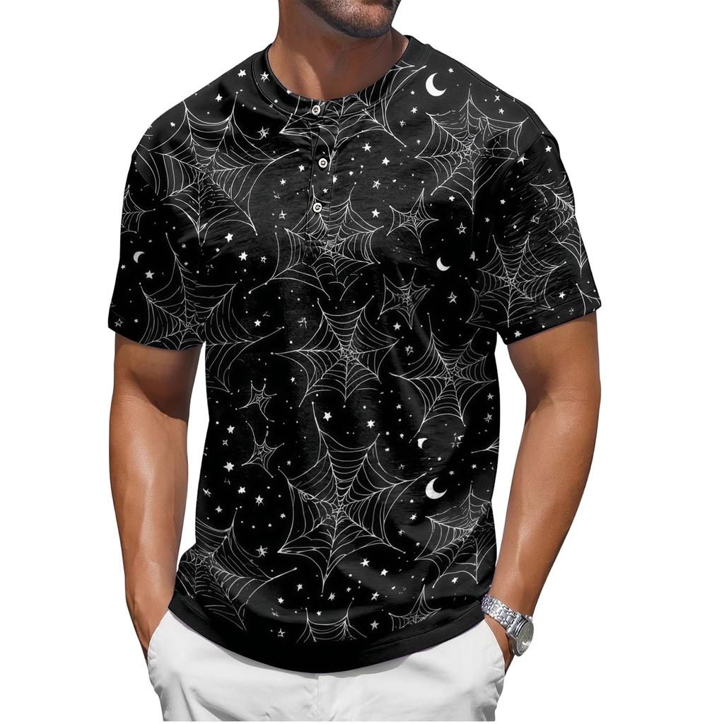 Men's Halloween Spider Web Print Short Sleeve Henley Shirt Casual Round Neck Button Front Top