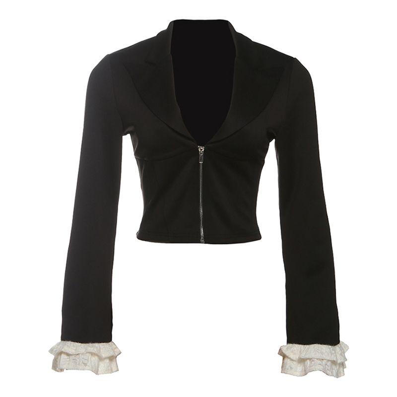 

# Sisjuly# American Trend Front Lace Sleeve Patchwork Zip-up Hollow Design Lapel Long sleeve Short coat Black L