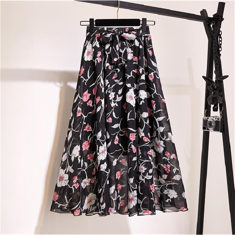 Spring and Summer New Bohemian Chiffon Skirt Mid-Length High Waist Fairy Floral Large Swing Skirt Beach Skirt