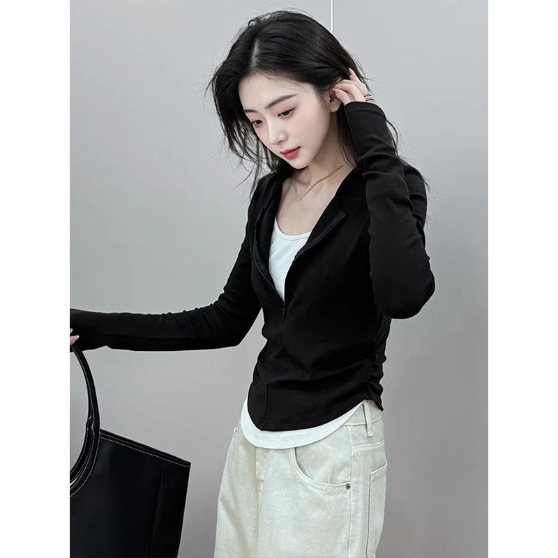 Waist pleated fake two-piece top women's spring semi-zipper irregular long-sleeved T-shirt design sense top tide