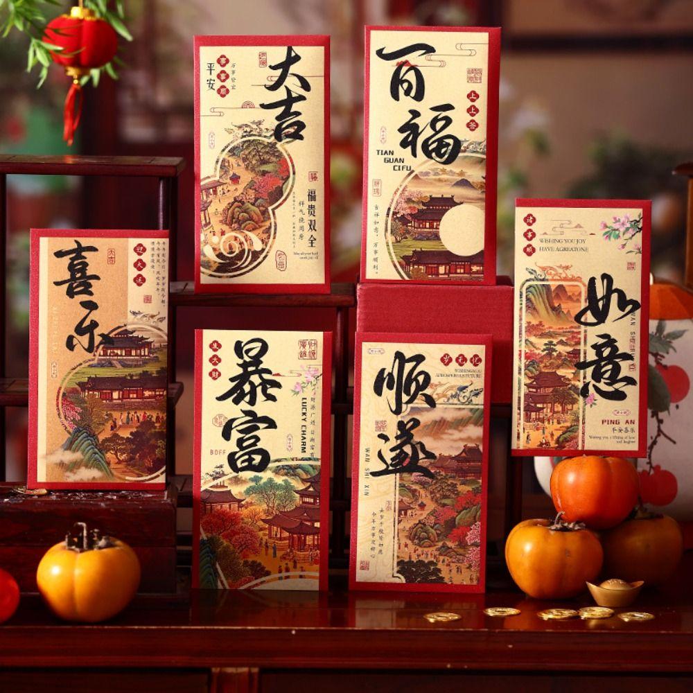 6Pcs Chinese Style New Year Red Packets Gold Foil Design Cash Gift Envelopes  Spring Festival