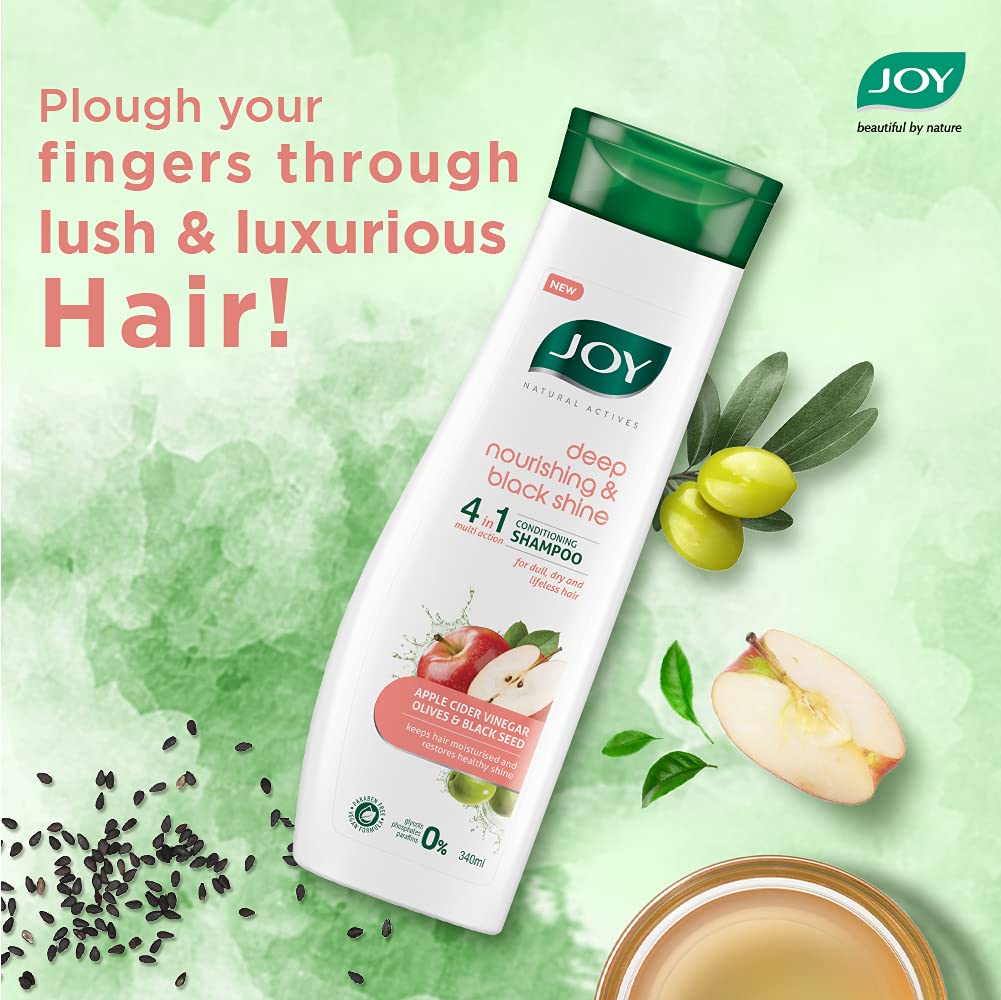 Joy Natural Actives 4 in 1 Deep Nourishing & Black Shine Conditioning Shampoo Apple Cider Vinegar for Dull Hair 2x340ml