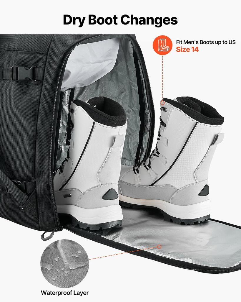 Ski Boot Bag, 55L, Snowboard Boots Travel Backpack for Men Women, with Waterproof Exterior & Bottom, Durable 1680D Oxford, Bag for Skis, Snowboard,