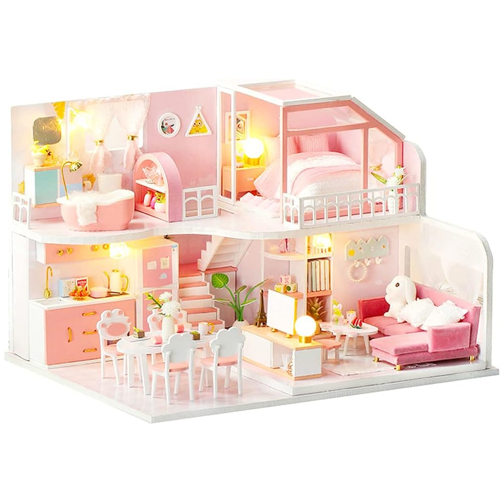 

Moin Moin 1/24 Dollhouse Miniature Kit with English Instructions Modern Two-Story Design Pink Cat LED Light and Acrylic Case