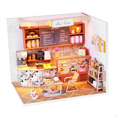 DIY 3D Dollhouse Wooden Miniature Furniture Kit Mini Coffee House with LED Lights Building Kits