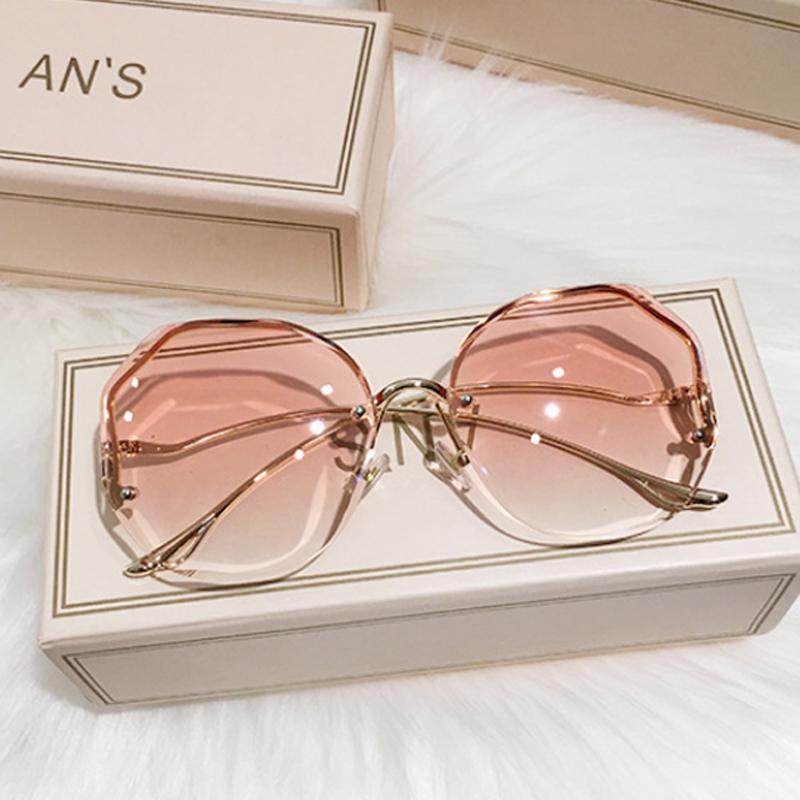 Luxury Round Gradient Sunglasses Women Metal Curved Temples Eyewear Ocean Rimless Fashion Sun Glasses Ladies Uv400