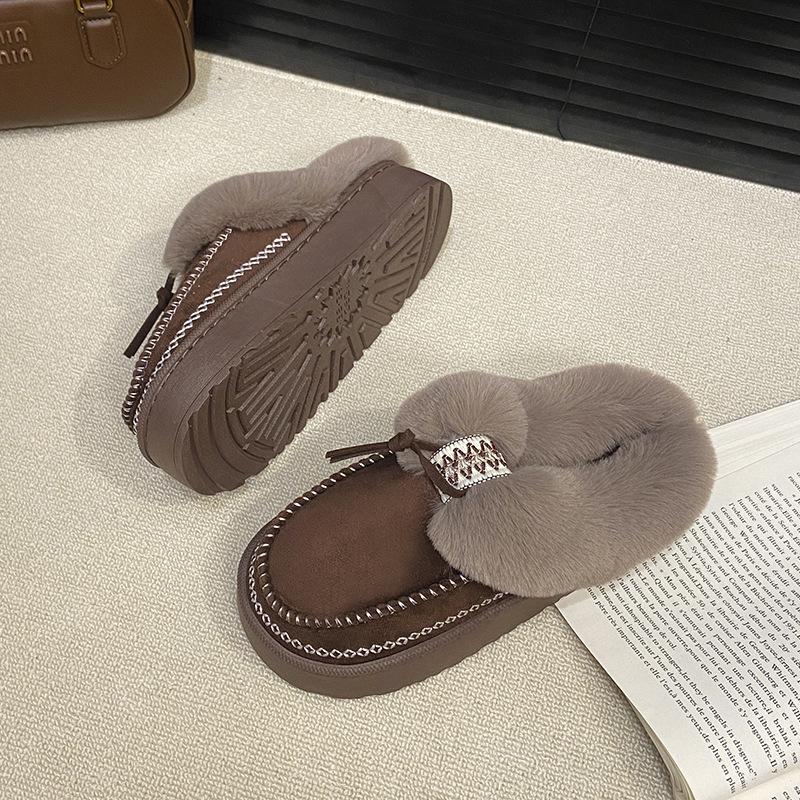 Women's Fur Mouth Large Size Thickened Winter Warm Fur One Snow Boots Thickened Lined Ankle Boots Non-slip Hiking Sports Cotton Slippers