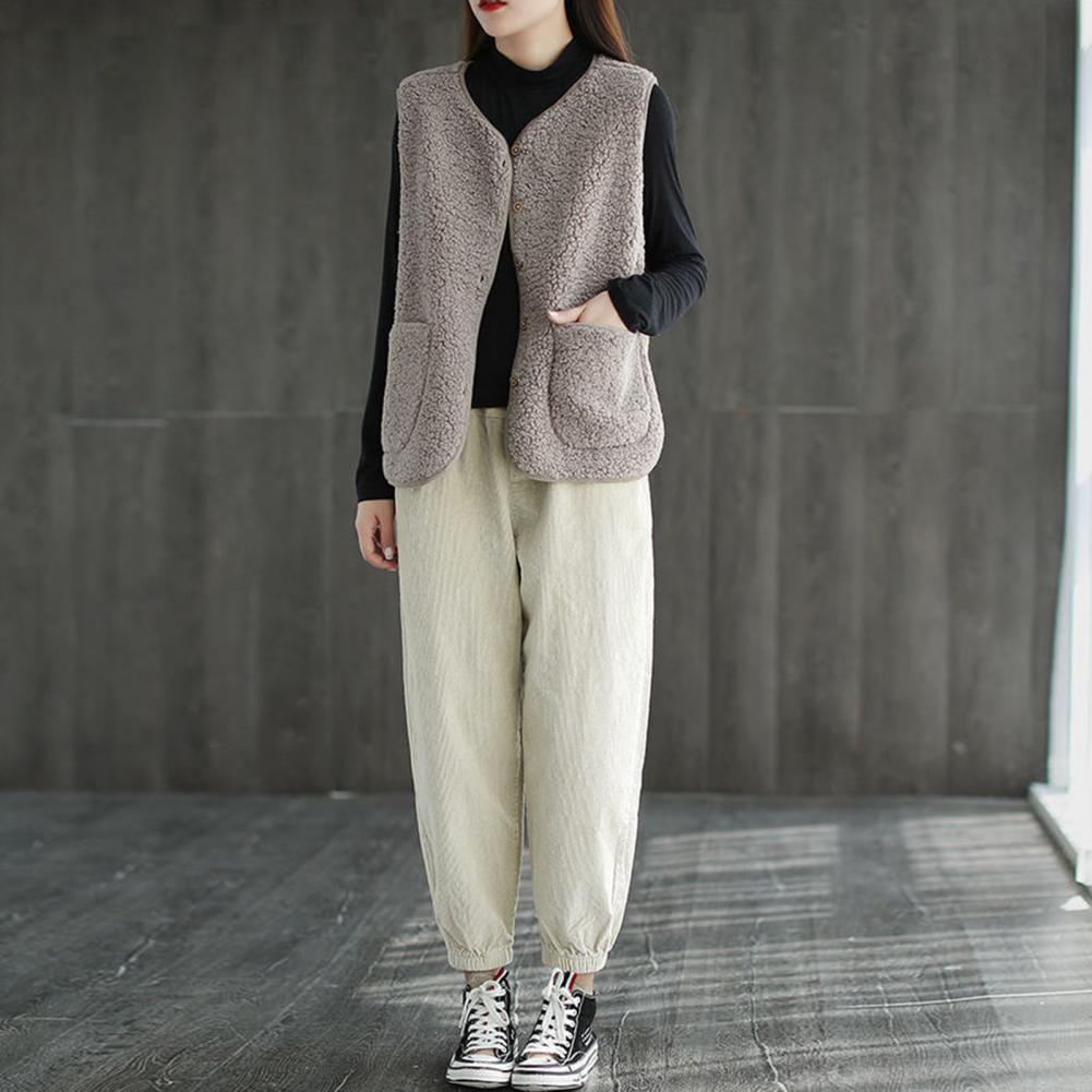Fall Winter Women Vest Coat V Neck Fleece Single-breasted Double Pockets Sleeveless Cardigan Solid Color Daily Wear Office Waist
